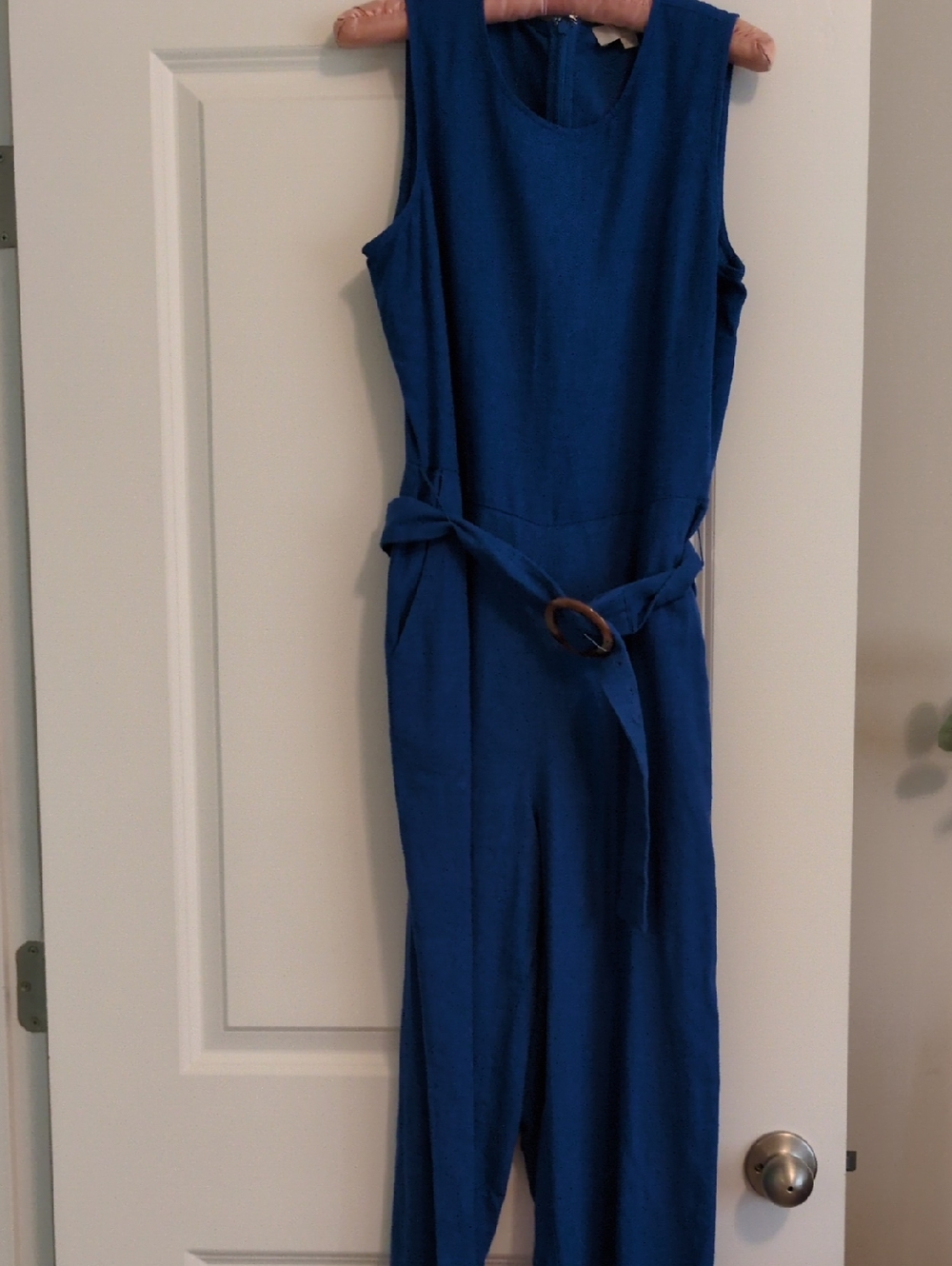 LOFT Women's Sleeveless Royal Blue Linen Jumpsuit with Belt Size 4 Petite - Picture 2 of 5